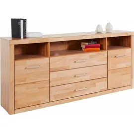OTTO home Sideboard OTTO HOME "Ribe,180cm breit, Fronten Massivholz,7 Fächer", beige (kernbuche teilmassiv), B:180cm H:80cm T:35cm, Holz teilmassiv, Sideboards, Sideboard, Holz massiv, Holzwerkstoff, Metall Griffe,2Türen,3Schubladen