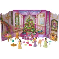 Mattel Disney Princess-Puppe Adventskalender mit 24 Tagen voller Überraschungen, enthält 3 kleine Puppen, 3 Freunde, 6 Moden und 16 von den Filmen inspirierte Zubehörteile, JFG79