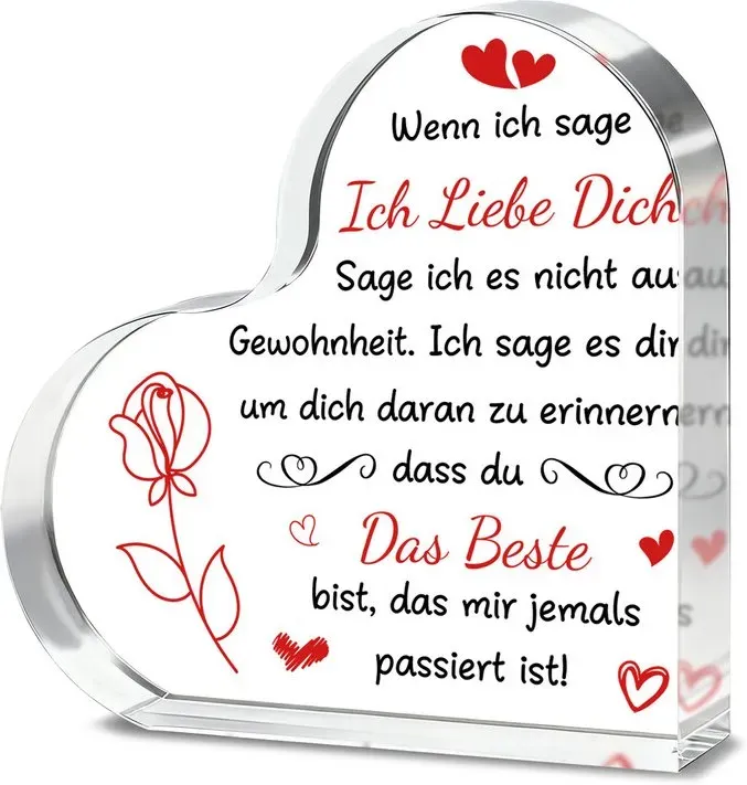 Alphynix 1 Stück Glas-Plakette mit deutschem Liebesherz, romatisches Geschenk mit dem kompletten Zitatstext „Wenn ich sage Ich liebe dich...“ und handgezeichneter Rose, Geschenk zum Jahrestag