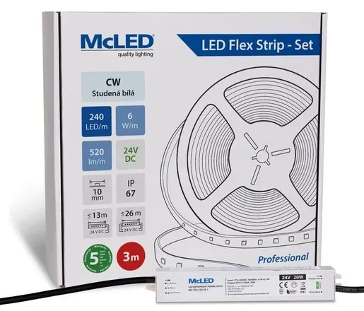 McLED LED-Band - Satz 3 m, 240 LED/m, CW, 6 W/m, DC 24V, 520 lm/m, CRI90, IP67, 10 mm, Konduktor 3 m ML-126.032.90.S03001