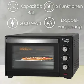Zilan Minibackofen 45 Liter Konvektion 60 min Timer Ober-Unterhitze Mini Backofen Kleiner Backofen Elektrischer Backofen