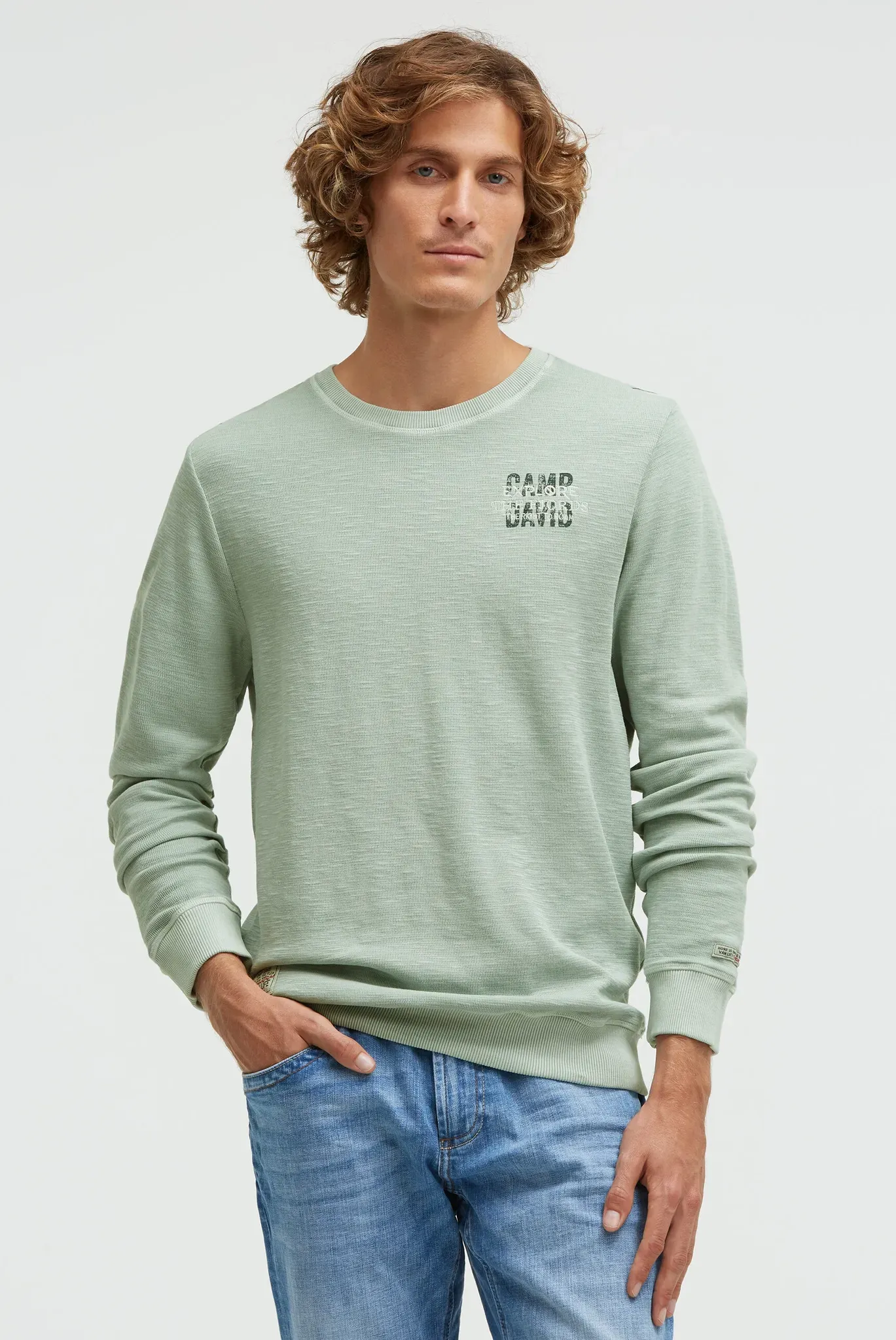 Sweater CAMP DAVID, Herren, Gr. XXL, faded mint, Jersey, Material: 92% Baumwolle, 8% Polyamid, bestickt, relaxed fit normal, Rundhals, eingesetzt Rippbündchen, Sweatshirts Sweater, mit Baumwolle