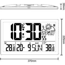 GreenBlue GB218 Wetterstation Digitale Wanduhr mit Außensensor, DCF-Uhr, 37x22,5cm Große Wanduhr, Alarm mit Schlummerfunktion, LCD Display, Innen und Außentemperatur, Wettervorhersage
