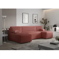 Ecksofa Alvito U, Farbe: Rosa. Material: Kord. A: B: 290 cm,H: 85 cm,Tiefe: 105 cm, Eckcouch, Schlafcouch, Sofa bed, Schlafsofa - Rosa