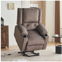 Merax TV-Sessel elektrisch mit Seitentasche und Getränkehalter, Relaxsessel, Fernsehsessel mit Aufstehhilfe, Massagesessel, Wärme und Liegefunktion braun