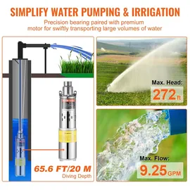 Vevor Solar Wasserpumpe, 24 V DC, 277 W, Tiefbrunnenpumpe, max. Durchfluss 2,1 m3/H, max. Förderhöhe 83 m, max. Eintauchtiefe 20 m, Bewässerung...