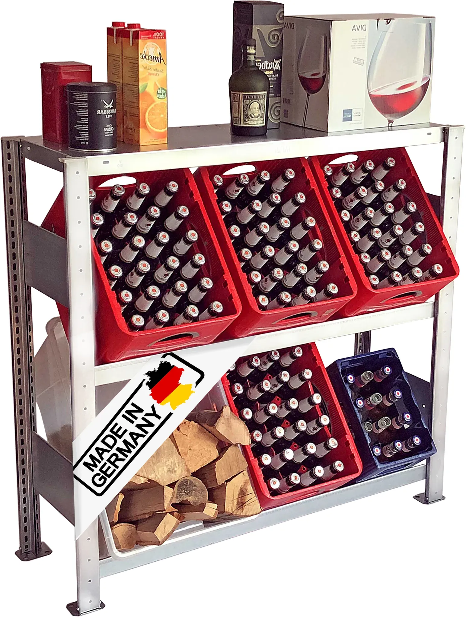 Getränkekistenregal 100×100 cm – mit Fachboden, Grundregal, verzinkt