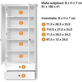 trendteam Vitrine Baxter 81 x 41 x 196 cm Weiß