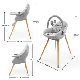 Kinderkraft FINI UP Hochstuhl 3 in 1, Baby Hochstuhl mit Wippe, mitwachsend bis 20 kg, verstellbares Tablett, 5-Punkt-Gurt, Neugeborenen-Einlage, Holzbeine, Grau