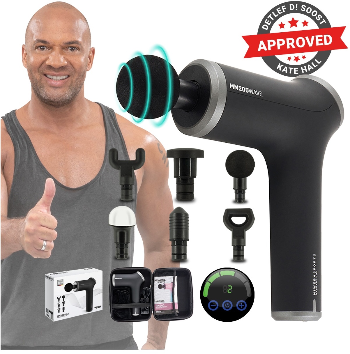 Miweba Sports Massagepistole MM200, Massage-Gun 2500 mAh für Faszien-Muskelmassage mit 6 Aufsätzen (Schwarz/Grau)