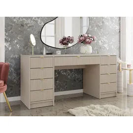 Mirjan24 Schreibtisch und Schminktisch Tireno Bis, Schlafzimmer Kosmetiktisch mit neun Schubladen, Goldfarben Aluminiumgriffe (Farbe: Sandbeige) - Beige
