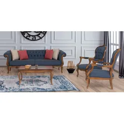 Casa Padrino Luxus Barock Wohnzimmer Set Blau / Braun - 2 Barock Sofas & 2 Barock Sessel & 1 Barock Couchtisch - Barock Wohnzimmer Möbel