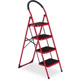 Relaxdays Trittleiter, klappbare Haushaltsleiter, 4 Stufen, bis 150 kg, Stufenleiter mit Haltegriff, Stahl, rot/schwarz
