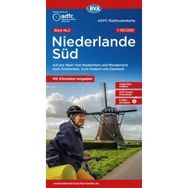 Bva Bikemedia ADFC-Radtourenkarte NL 2 Niederlande Süd 1:150.000, reiß- und wetterfest, E-Bike geeignet, GPS-Tracks Download, mit Knotenpunkten, mit Bett+Bike Symbolen, mit Kilometer-Angaben