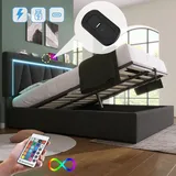 Flieks Boxspringbett 160x200cm mit USB, Polsterbett mit Lattenrost, Doppelbett mit LED, Stauraumbett Jugendbett, Leinen, Grau - Grau