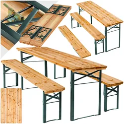 tectake® Bierzeltgarnitur, 3-teilig, klappbar, beschichtetes Stahlgestell mit soliden Scharnieren, robustes Tannenholz mit Schutzlackierung