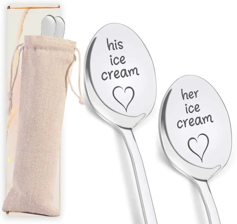 Alphynix 2-teilige Paar-Eiscremelöffel-Sammlung, passendes His & Hers-Design mit Liebessprüchen, inklusive Aufbewahrungsbeutel, perfektes Jubiläumsgeschenk,Geschenk zum valentinstag, geschenk zum geburtstag