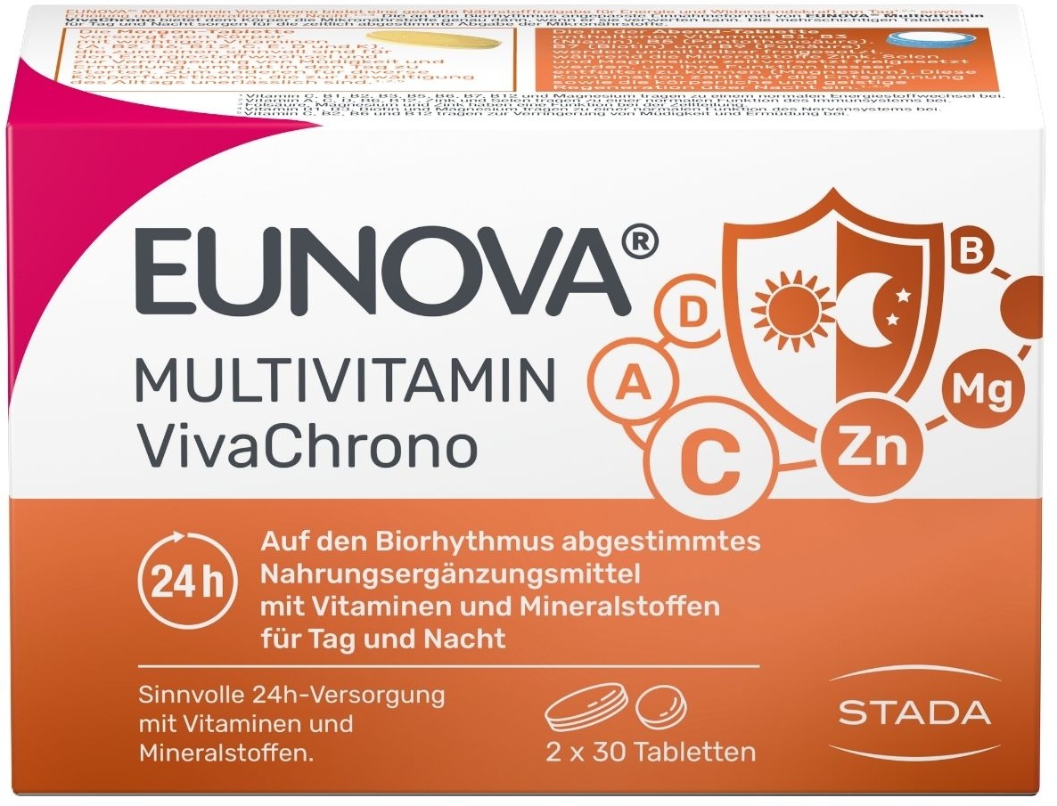 Eunova® VivaChrono: Vitamin- und Mineralstoffversorgung im Einklang mit der 'inneren Uhr“. Clever koordinierte Freisetzung - Jetzt 10% Rabatt mit dem Code stada2024 sparen*