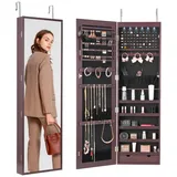 VEVOR abschließbarer Schmuckschrank Schmuckspiegelschrank 1,2m hohe, Aufbewahrung von Juwelen mit Ganzkörperspiegel, Schmuckspiegel-Organizer mit LED-Innenbeleuchtung & Samtfutter & Schublade, braun