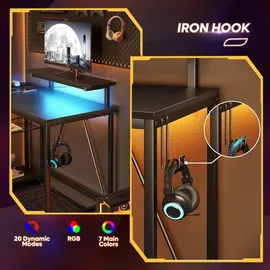 BESTIER Gaming-Eckschreibtisch L-Form 106,5 cm – mit LED, Steckdosen, 2 Regalen & Haken – Umkehrbarer Computertisch für kleines Büro, - Schwarz