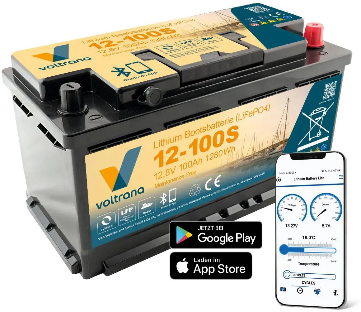 Lithium Bootsbatterie 12,8V 100Ah 1280Wh AP mit Bluetooth & Heizung – Voltrana L...