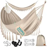 Kesser Hängematte 300kg belastbar 320x150cm Max. Belastbarkeit 300 kg, 1-2 Personen Atmungsaktiv Fransen Wetterfest Camping, Garten Tuchhängematte Beige - Kesser