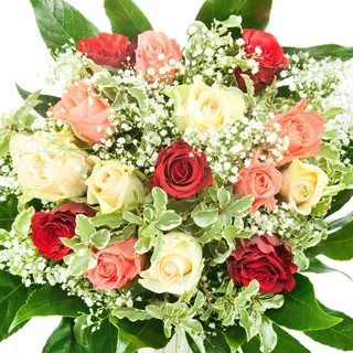 Blumenstrauß "Rosenmix" - Bunter Strauß mit 12 Rosen in Rot/Weiß/Rosa mit Schleierkraut - Inklusive Grußkarte