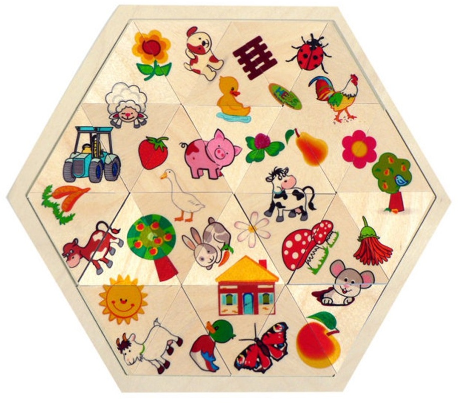 Hess Holzspielzeug 14902 - Mosaik-Legespiel aus Holz in sechseckiger Form mit 24 Teilen, Serie Bauernhof, für Kinder ab 3 Jahren, handgefertigt, als Geschenk zum Geburtstag, Weihnachten oder Ostern