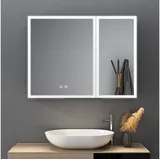 WDWRITTI Spiegelschrank Schwarz Metall Badezimmerspiegelschrank mit 3Lichtmodi Anti-fog 80x60 (Badschrank mit Spiegel Hängeschrank Doppeltür, Helligkeit dimmbar, Speicherfunktion) Alu-Schranktür, Doppelseitiger Spiegel, Verstellbare Glasböden schwarz