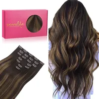 wennalife Clip in Extensions Echthaar, 40cm 16 Zoll 120g 7pcs Balayage Dunkel Braun to Chestnut Braun Hair Extensions Clip in Echthaar Remy in Haarverlängerung Natürliche Echthaar Extensions