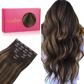 wennalife Clip in Extensions Echthaar, 40cm 16 Zoll 120g 7pcs Balayage Dunkel Braun to Chestnut Braun Hair Extensions Clip in Echthaar Remy in Haarverlängerung Natürliche Echthaar Extensions