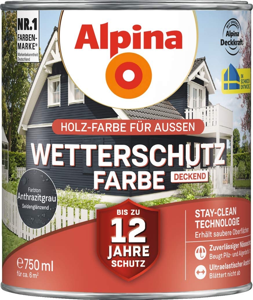 Alpina Holz-Wetterschutz-Farben – Anthrazitgrau, deckend – bis zu 12 Jahre Schutz vor Witterung und Nässe – schmutzabweisend, deckend & ergiebig – 750 ml