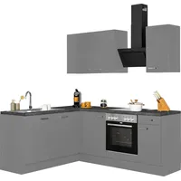 Winkelküche OPTIFIT "Parma" Komplettküchen-Sets Gr. B/T: 215cm x 175cm, grau (küche: basaltgrau/basaltgrau-granitschwarz + korpus: basaltgrau arbeitsplatte: granitschwarz) L-Küche Arbeitsmöbel-Sets mit E-Geräten, Stellbreite 215x175 cm