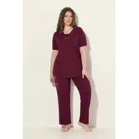 Ulla Popken Pyjama Pyjama Satindetails V-Ausschnitt Halbarm braun|rot 46/48