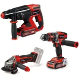 Einhell Power X-Change Akku-Werkzeug-Set: Winkelschleifer, Schlagbohrschrauber, Bohrhammer, 2x 3,0 Ah Akku, Ladegerät