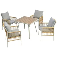 TavilaEcon Garten-Essgruppe Gartenmöbel-Set Sitzgruppe aus Polyrattan und Eisen für 4 Personen, 5-teiliges Esstisch-Set, 4 Sessel, 1 Tisch beige