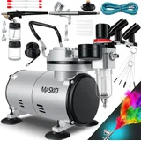 Masko MASKO® Airbrush-Set mit Kompressor 4 bar inkl. Airbrush-Pistolen Lackierpistole Komplett-Set Tattoo Kunst Malerei Nadeln Düsen im Zubehör Multifunktions Dual-Set mit Manomter & Luftfilter