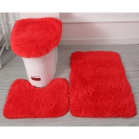 Weiche Mikrofaser-Badteppich-Sets 3-teilig, Badvorleger + Konturmatte + Toilettensitzbezug, rutschfeste Badezimmerteppiche mit PVC-Punkt-Flanell-Unterseite, wasserabsorbierend, Rot