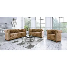 s-style möbel & Chesterfield Lothar Sofa 2-Sitzer Aus Beige Samt mit Holzfüßen