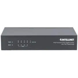 Intellinet Network Solutions INTELLINET 5-Port Switch Power over Ethernet - Gigabit PoE+ Injektor 240V, Passthrough, PoE+ Adapter mit 200m Reichweite, lüfterfrei & leise - Schwarz