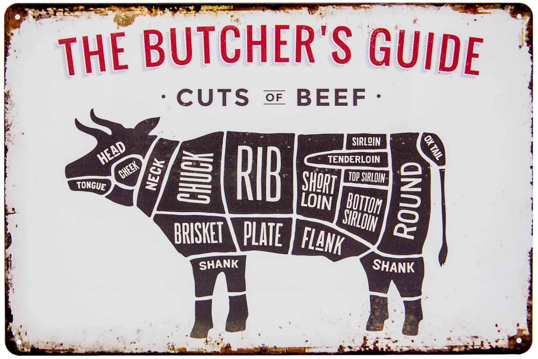 30 x 20 cm - Retro Blechschild für Grill und Koch Fans - "The Butchers Guide - Cuts of Beef" - Metzger, Fleischer BBQ Übersicht
