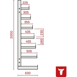 Stier Kragarmregal einseitig 1 Feld mit 6 absteigenden Ebenen 1300x2000x500mm feuerrot