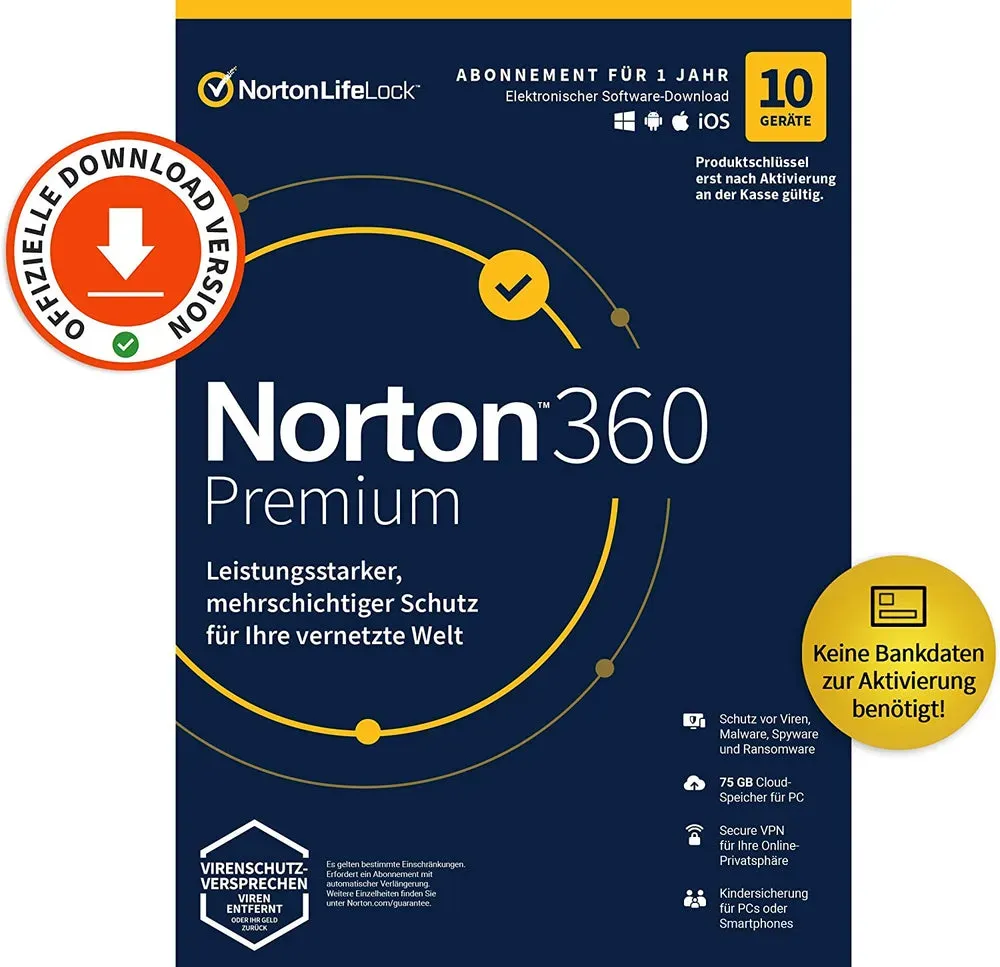 Norton 360 Standard 2024 | 1-10 Geräte | Antivirus | Unlimited Secure VPN & Passwort-Manager | 1 Jahr | PC/Mac/Android/iOS | Aktivierungscode per Email