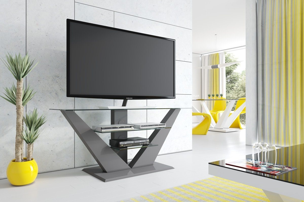 designimpex TV-Rack Design Fernsehtisch HL-111 Hochglanz Glas LED TV Möbel Rack grau