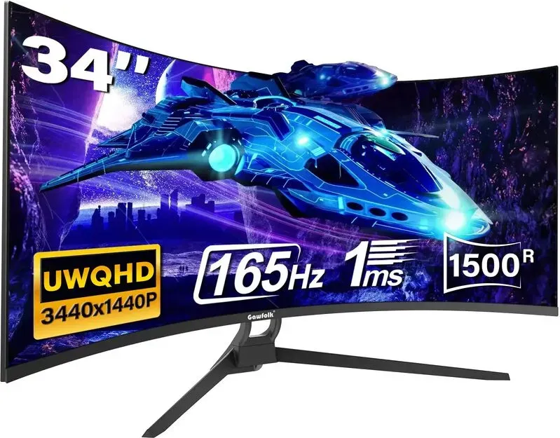Gawfolk 34 Zoll UWQHD Curved-Monitor, 165 Hz Bildwiederholfrequenz, 1500R, 21:9 Ultrawide, HDR10, 1 ms (MPRT), Eye-Care, 99% sRGB, HDMI 2.1/DisplayPort 1.4, VESA 75x75mm, für Gaming/Office