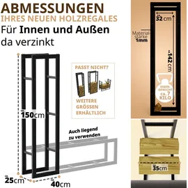 lawa living and lifestyle Kaminholzregal innen + außen Metall verzinkt 40x25x150 Schwarz Feuerholzregal Brennholzregal außen Stapelhilfe Kaminholz Kaminregal galvanisiert - Schwarz