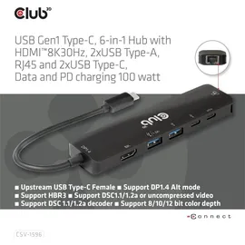 Club 3D USB Typ-C 3.2 Gen1, 6in1 Hub HDMI 8K30Hz-4K120Hz, 2xUSB Typ-A, RJ45 100W