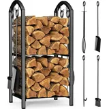 VOUNOT Kaminholzregal Metall 38 x 33 x 75 cm mit 4 Kaminbesteck Schwarz
