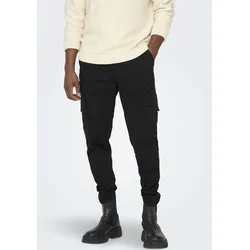 Cargohose ONLY & SONS "OS ONSDEAN LIFE TAP CARGO", Herren, Gr. 34, Länge 34, schwarz, Web, Obermaterial: 98% Baumwolle, 2% Elasthan, unifarben, modisch, Hosen