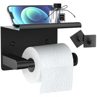 SURFOU Toilettenpapierhalter Toilettenpapierhalter Edelstahl Klopapierhalter Ohne Bohren mit Ablage (mit Smartphone-Ablage, Klorollenhalter Wandmontage, Schwarz/Silber), Edelstahl Klorollenhalter mit 2 Klebehaken für Küche und Badzimmer schwarz